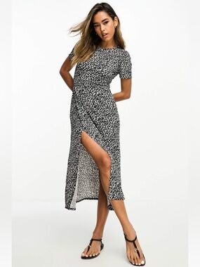 Mango Black & White Printed Midi Dress with Side Slit